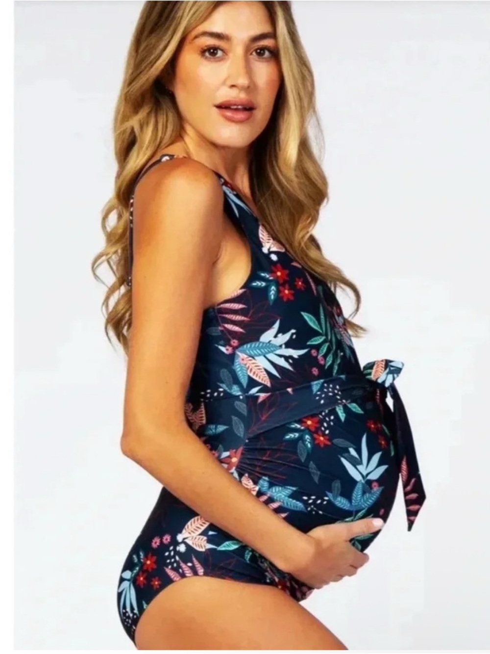 Pinkblush Navy Blue Floral Waist Tie Maternity One-Piece Swimsuit size L